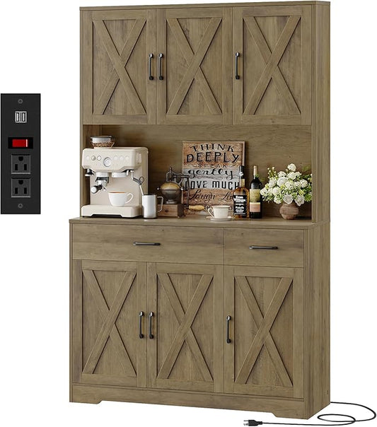 HOSTACK 71" H Kitchen Pantry Storage Cabinet,Farmhouse Hutch Cabinet, Brown | Space-Saving Pantry Cabinet with Charging Station & 2 Large Drawers & Adjustable Shelves, Tall Kitchen Hutch for Dining Room