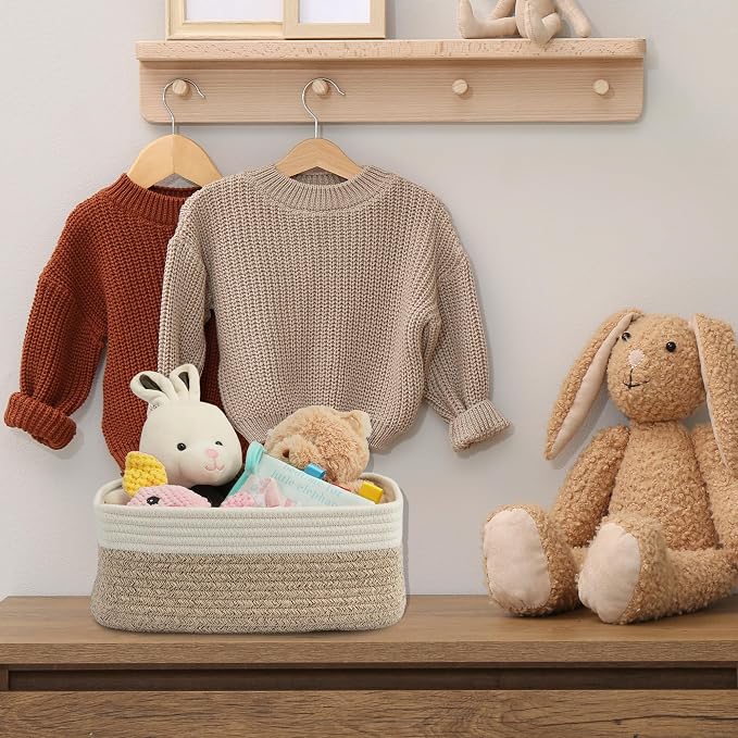 XUANGUO Small Woven Storage Baskets for Shelves, 13" x 9" x 5", White/Brown | Decorative rope storage bins for closets and toy storage; cute organizer baskets, empty gift baskets and nursery storage.