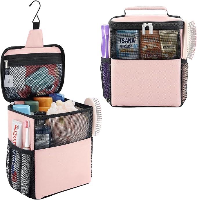 Lifewit Mesh Shower Caddy Bag Portable for College Dorm Room Essentials, Hanging Organizer Basket, Quick Dry Tote Bag for Camping, Bathroom, Beach, Travel, Medium, Pink