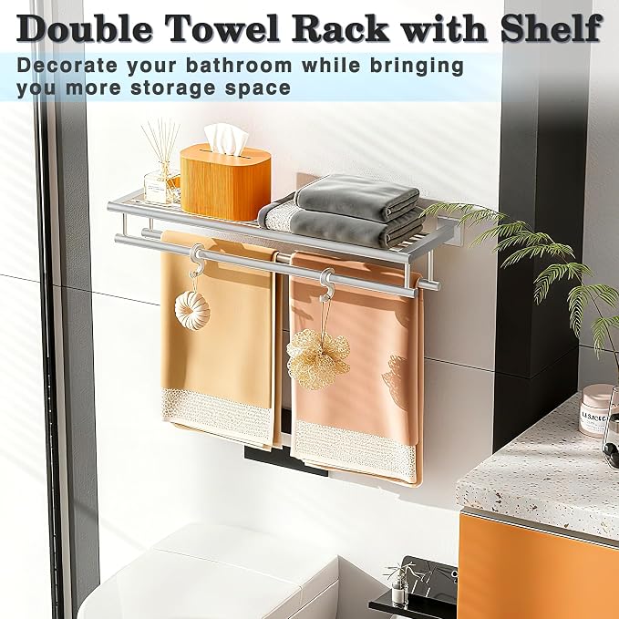 Alise Double Towel Rack for Bathroom,24 Inch Bathroom Tower Holder Towel Shelf with Double Towel Bars Wall Mount,SUS304 Stainless Steel Towel Hanger Double Tower Bar for Bathroom Wall,Brushed Nickel | Bathroom Tower Holder Towel Shelf with Double Towel...