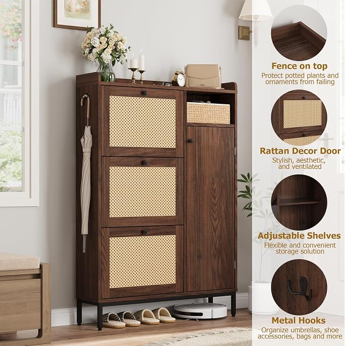 Garvee Shoe Cabinet with 3 Flip Drawers and 4-Tier Shoe Storage Cabinet, Freestanding Shoe Organizer with Adjustable Shelf and Rattan Doors for Entryway, Closet, Hallway