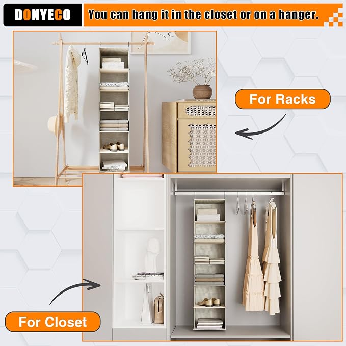Hanging Closet Organizer 6-Tier, Oxford Wardrobe Storage, Beige Houndstooth | Easy-mount foldable design holds clothes, handbags, shoes & accessories; washable Oxford fabric, sturdy and space-saving.