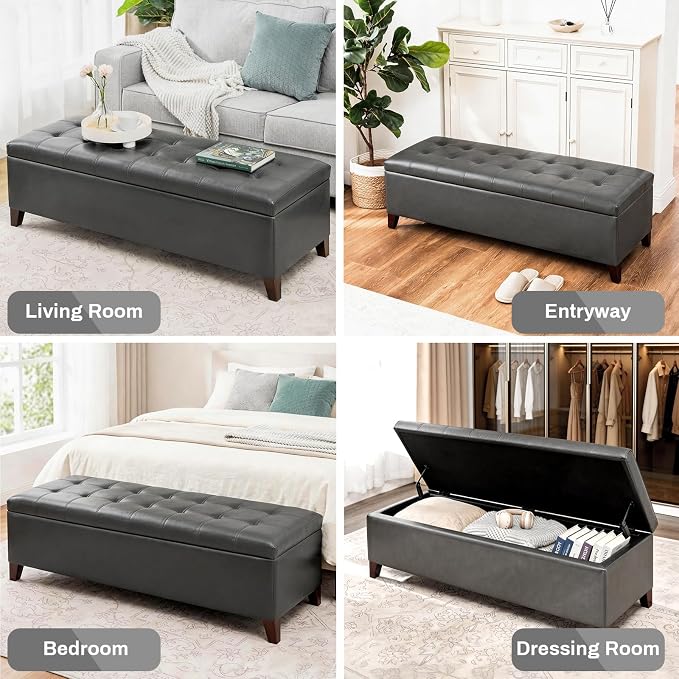 Ottoman with Storage 51 Inch End of Bed Storage Ottoman Bench | Faux Leather Upholstered Ottomans with Hinged Lid, Rectangle Long Foot Rest Bench for Entryway Living Room Bedroom Gray