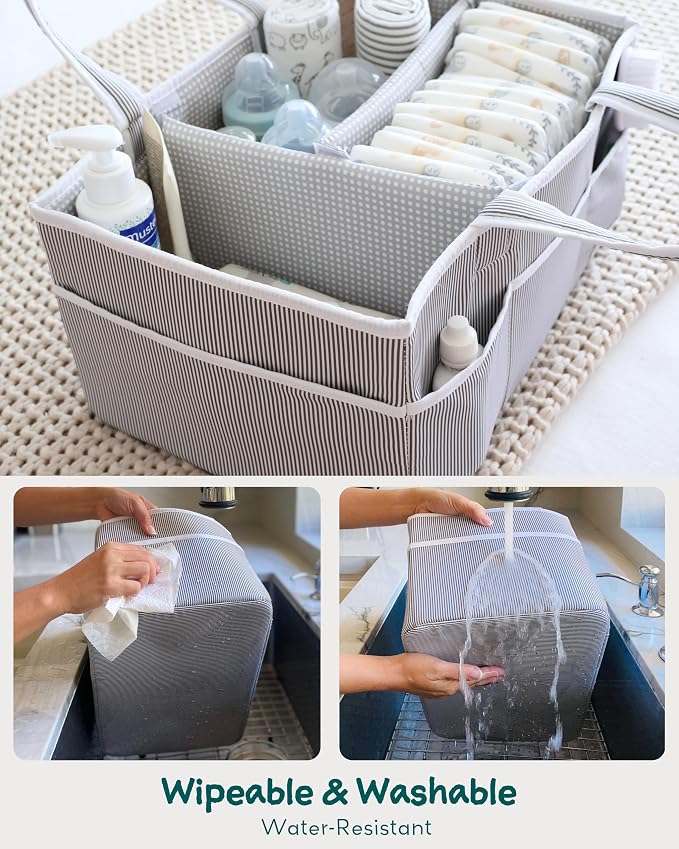 Baby Diaper Caddy Organizer, Baby Shower Basket for Newborn Boys or Girls, Nursery Must Haves for New Mom, Registry Favorites, Large Storage Tote for Changing Table or Car, Gray