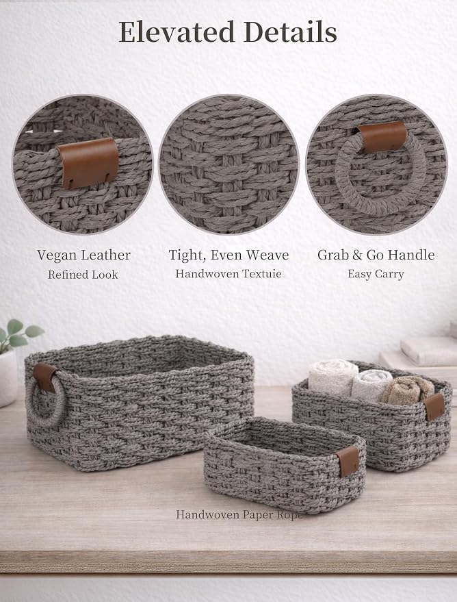 Small Wicker Baskets, 3 PCS Paper Rope Baskets for Shelves, Gray | Recycled Small Baskets, 3 Sizes Woven Baskets for Organizing, Decorative Storage Baskets for Bedroom and Bathroom