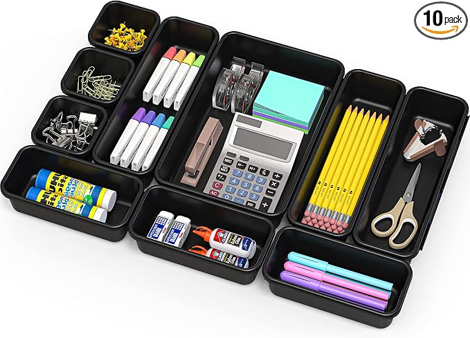 Simple Houseware Interlocking Desk Drawer Bins Organizer, 10 Packs, Black | Great for Makeup Vanity, Bathroom, Office Drawers