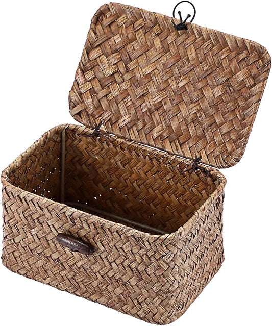 Small Wicker Basket with Lid, Seagrass Organizer, 6.1" x 4" x 3.3" | Handwoven Wicker Storage Basket, Multipurpose Household Organizer for Dental Floss, Paper Clip, Home Decor