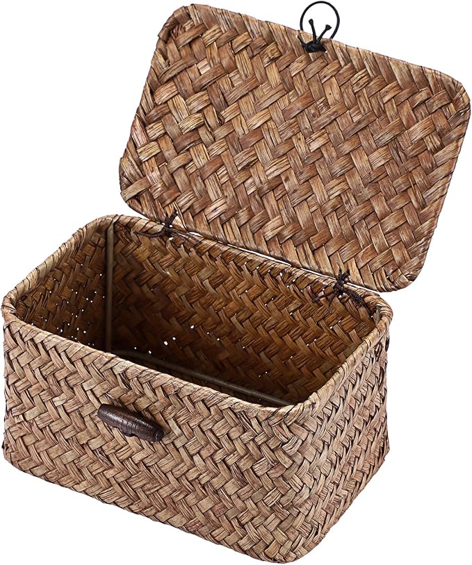 Hipiwe Small Wicker Basket with Lid Woven Seagrass Organizer, 6.1"x 4"x3.3" | Tabletop Desk Basket Holder Key Box for Entryway, Handmade Baskets Storage Bin for Hair Ties Candy