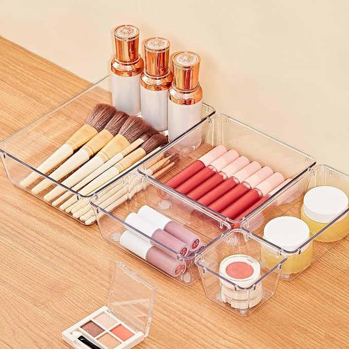 SMARTAKE 22-Piece Drawer Organizer with Non-Slip Silicone Pads, 5-Size | Clear Desk Bathroom Drawer Organizer Trays Storage Tray for Makeup, Jewelry, Utensils in Bedroom Dresser, Office and Kitchen