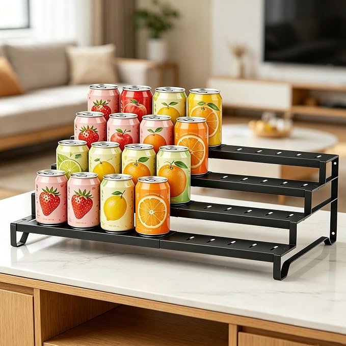 Expandable Can Organizer for Pantry, 4 Tier Metal Canned Food Storage | 13"-21" Adjustable Length, Tiered Reversible Shelf Design, Large-Capacity Storage for Kitchen Cabinets & Countertops