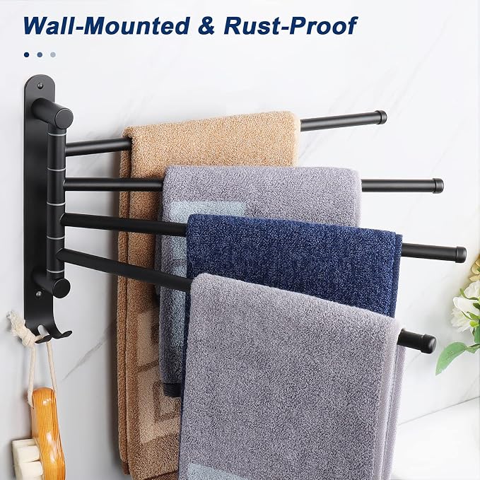 NearMoon Swivel Towel Rack, 13.8" Thicken 304 Stainless Steel 4-Arm Towel Bar, Space Saving Wall Mounted Towel Holder with Hook, Rustproof Swing Out Towel Hanger for Bathroom, Kitchen (Matte Black)