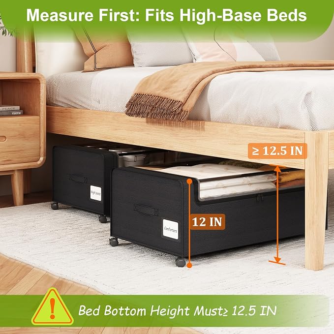 Webetop Under Bed Storage Containers with Wheels & Clear Lid 12 inch 2 Pack | Durable Construction, Smooth Movement, Hidden Storage, Bedroom Organization, Blanket And Clothing Storage, Convenient Access