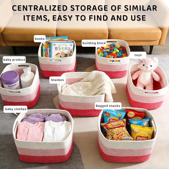 4 Pack Storage Baskets for Organizing, 11''Lx9''Wx8''H Woven Baskets for Storage Toys, Towels, Books, and Clothes, Cotton Rope Basket for Shelves with Handle