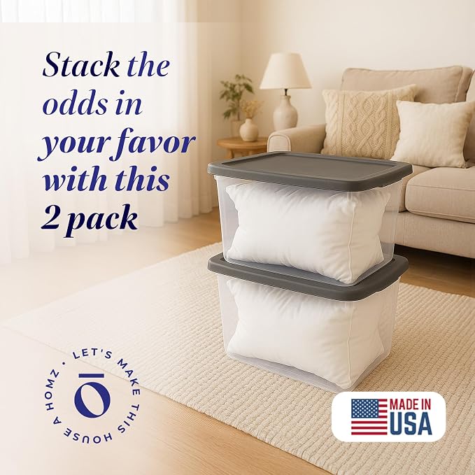 HOMZ Snaplock Clear Plastic Bin 56 Quart/14 Gallon | Storage Tote with Secure Lid | for Home, Office, Garage, Dorm Room Organizer | Stackable & Nestable | Black Lid, Pack of 2