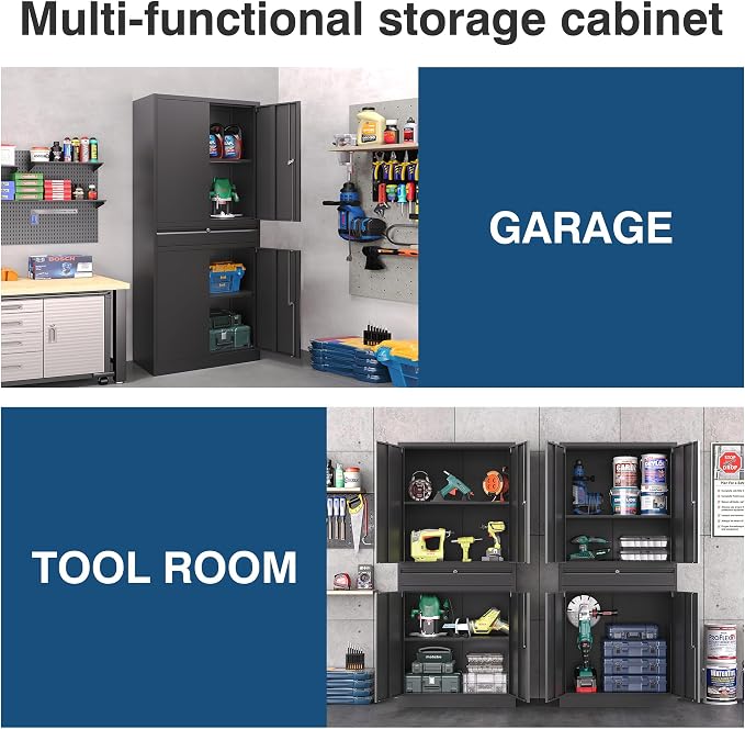 Black Metal Storage Cabinet with Lock, 71" Tall Garage Storage Cabinets with Doors and Shelves, Lockable Tool Caninet Steel Locking Cabnets File Cabinet for Home Office, Garage, Pantry
