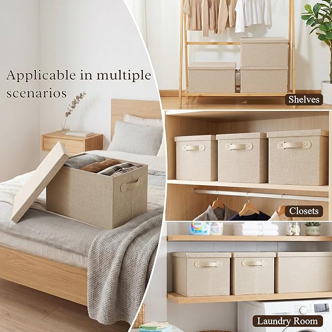 Fabric Storage Bins with Lids, Heavy Duty Collapsible Organizer Bins for Shelves, Stackable Closet Woven Baskets with Handles, 25L Rectangle Boxes for Bedroom Office, Cube Home Decor (Beige 2 Pack)