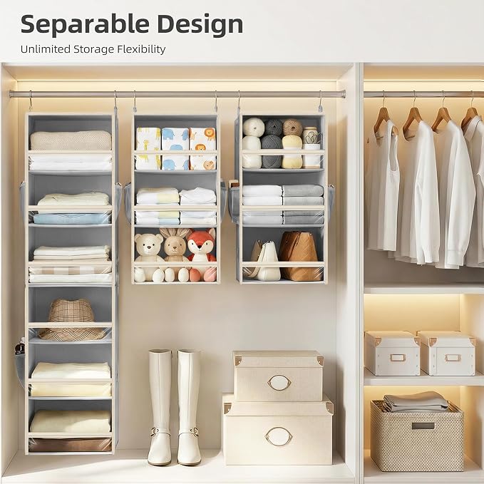 STORAGE MANIAC 6-Shelf Hanging Closet Organizer and Storage, 2 Separable 3-Shelf Haning Organizers for Closet, Collapsible Hanging Shelves Wardrobe Organization, College Dorm Room, Nursery, Gray