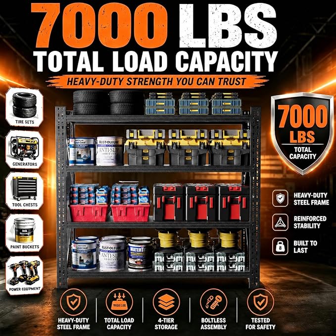 7000LBS Garage Shelving, 79" W Heavy Duty Metal Adjustable 4 Tier Storage for Warehouse, Basement, Shop and Office, Commercial-Grade Steel Organizer, 79" W x 24" D x 75" H