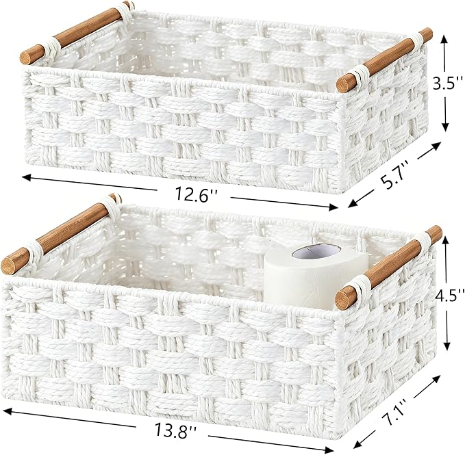 Vagusicc Wicker Storage Basket, Set of 2 Hand-Woven Paper Rope Wicker Basket for Organizing with Handle Decorative Storage Bins for Counter Pantry Shelves Toilet Paper Basket for Toilet Tank Top,White