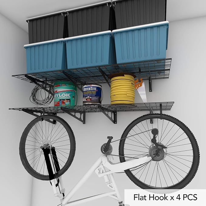 FLEXIMOUNTS 2-Pack 2x6ft Garage Shelving with Hooks, 1400lbs Load, Black | 24"x72" Wall Shelf Garage Storage Rack Floating Shelves for Garage Workshop, Rustproof Seamless Grid Design, Classic Series