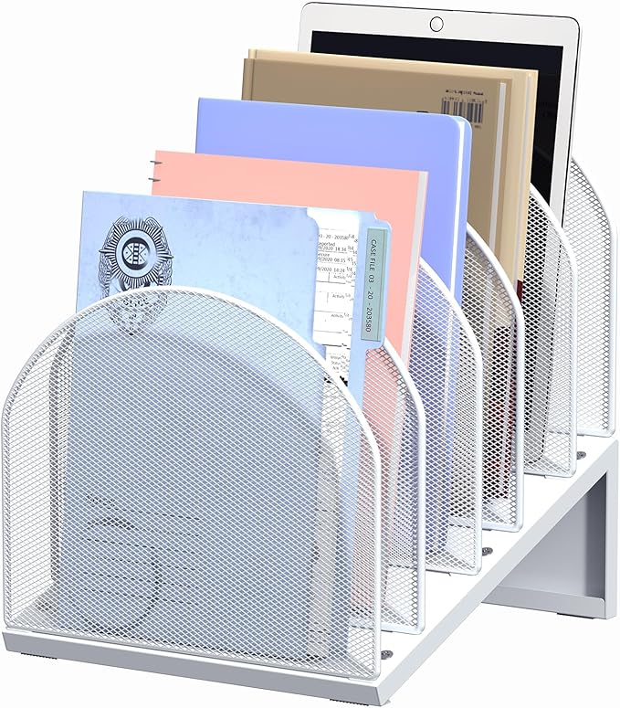 5-Section Desk File Organizer | Metal Mesh Folder Organizer for Documents, Mail & Office Papers (White)