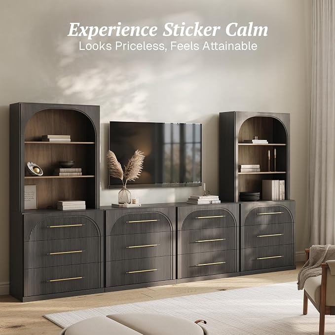 BELLEZE 6-Piece Modular TV Stand Set - 4 Sideboards with Drawers and 2 Storage Hutch, Classic Modern Media Console Table Cabinet for Living Room (Ebony)