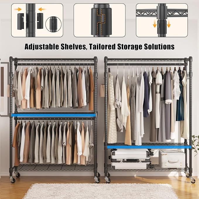 BATHWA Rolling Tall Garment Rack with 2 Rods & 3-Tier Adjustable Shelves, 35.5" W x 16.5" D x 80.7" H, Heavy Duty Clothes Hanging Racks Portable Wardrobe Closet Organizer for Bedroom, Laundry, Black