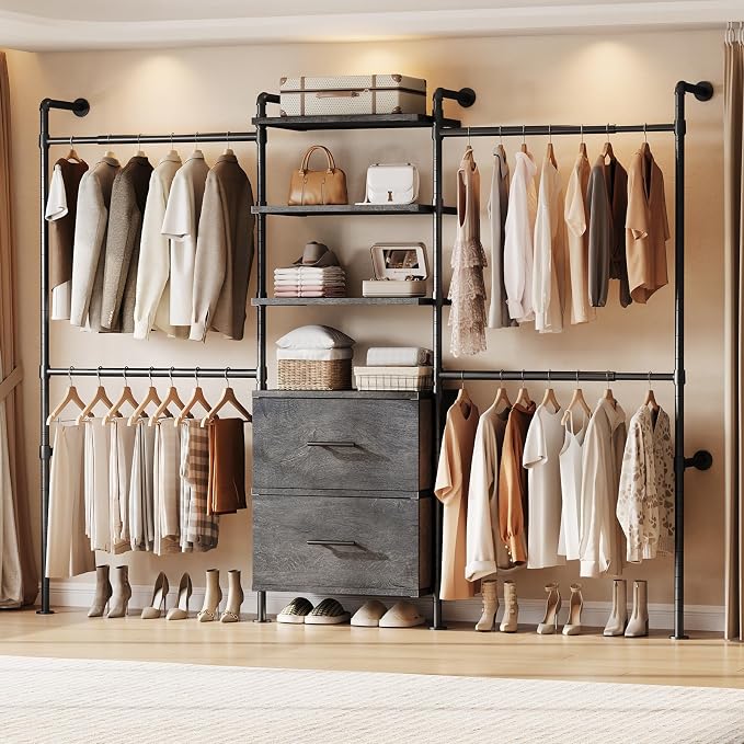 T3 Wall Mounted Industrial Pipe Closet Organizers Storage System | Metal Clothing Rack with 2 Drawers, 6 Wooden Shelves & 4 Expandable Rods, Heavy Duty Garment Rack, Wardrobe (Grey)