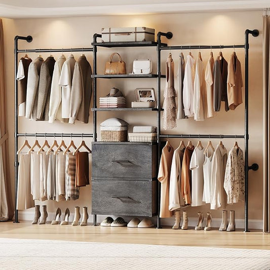 T3 Wall Mounted Industrial Pipe Closet Organizers Storage System | Metal Clothing Rack with 2 Drawers, 6 Wooden Shelves & 4 Expandable Rods, Heavy Duty Garment Rack, Wardrobe (Grey)