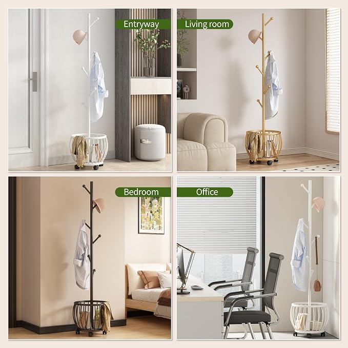 Coat Rack Freestanding Coat Stand with Basket 6 Hooks Wheels,Black | Metal Coat Rack Stand Coat Tree for Home Entryway Bedroom Living Room Office Corner Modern Organizer for Scarf Jacket Hat Bag
