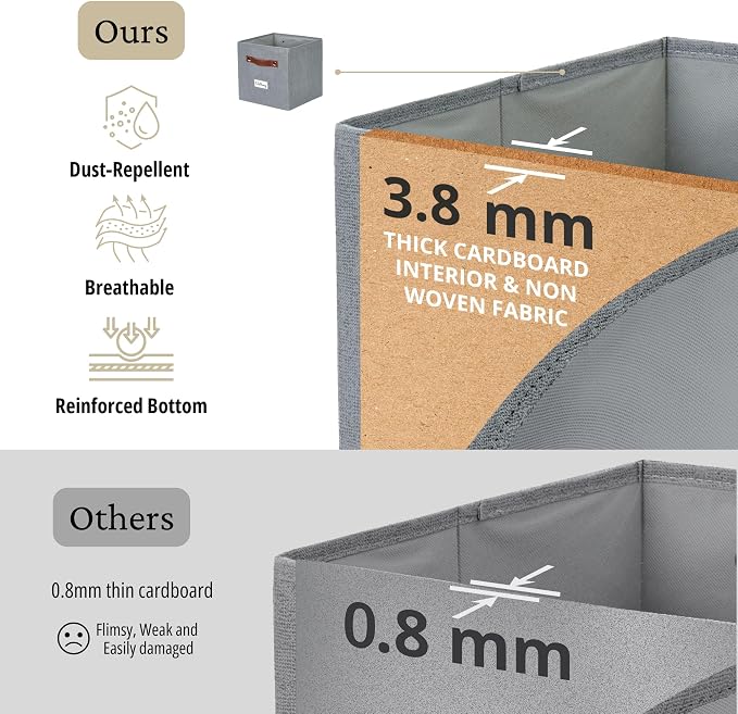 DECOMOMO Storage Bins, Cube Storage Bin with Labels | 13" x 13" x 13" Fabric Storage Cubes for Shelves (6pcs, Texture Grey)