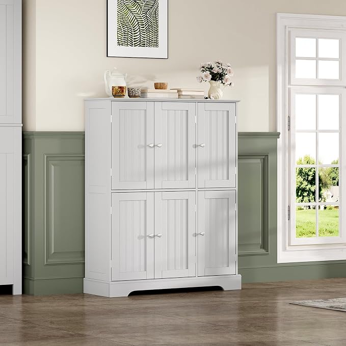 ChooChoo Bathroom Floor Cabinet with 6 Doors and Adjustable Shelves | Modern Bathroom Storage Cabinet, Freestanding Cupboard for Living Room, White