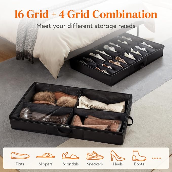 Lifewit Under Bed Shoe Storage Organizer 1 Pack(16 Shoes Cells+4 Boots Cells), 4.3 Inches Profile Fabric Shoes Container Box with Clear Cover, Foldable Storage Bag with 2 Handles, Fits 12 to 20 Pairs