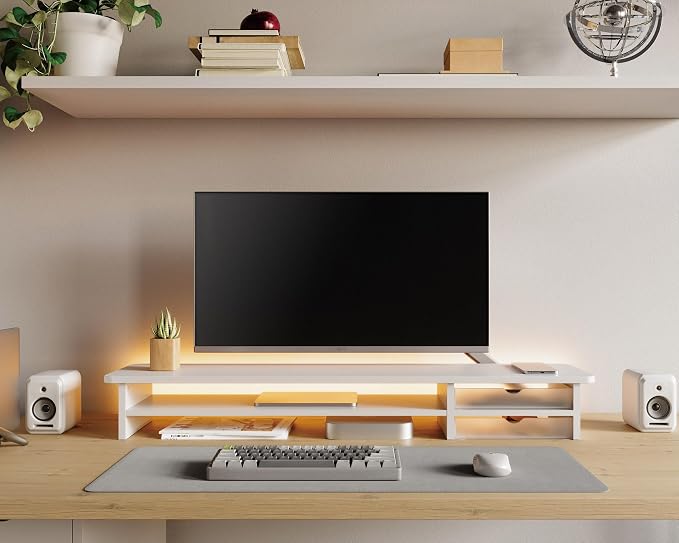 Fenge Monitor Stand, Desk Computer Riser with Frosted Storage Drawer, White | 42.5 Inch Dual Monitor Riser, 2 Tiers, Cable Management, Desk Shelf for 2 Monitors, Ultrawide Screen, Laptop, TV, Home Office