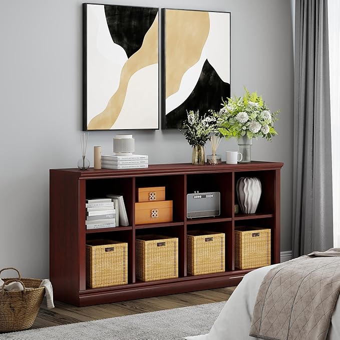 2 Tiers 8 Cube Storage Organizer Bookcase, 54 inch Width Wooden Book Shelf | 8 Storage Cube Adjustable Space Book Case, Horizontal Bookshelf Display Cabinet Organizer for Home Library Office, Mahogany