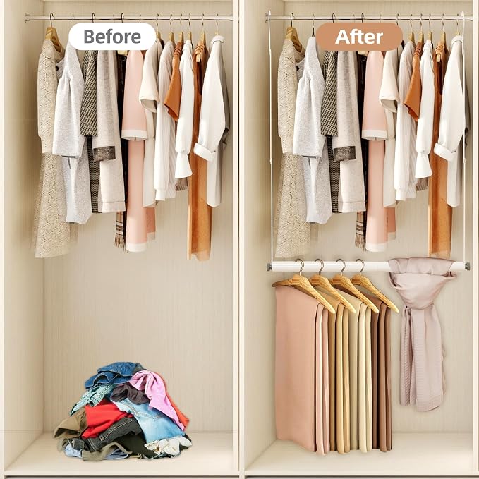 STORAGE MANIAC Adjustable Closet Rod for Hanging Clothes, 1 Pack White | Expandable 17.9"-29.7" Heavy-Duty Metal Closet Hanging Rod with 9 Height Adjustments, Space-Saving Double Closet Organizer