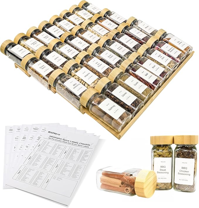 Spice Drawer Organizer with 35 Bamboo-lidded Spice Jars,216 Labels,25 Non-slip Rubber, Bamboo 4 Tier Seasoning Rack Tray Insert for Kitchen Drawers,Cabinets,Countertop,14.6" Wide x 15.8" Deep