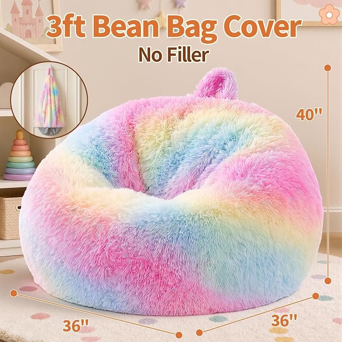 Stuffed Animal Storage Bean Bag Chair Cover, Soft Bean Bag Cover | Fluffy Faux Fur Stuffed Animal Storage Chair, Non-Slip Bottom, Fill with Plush Toys or Blankets, for Adults Teens Kids Girls