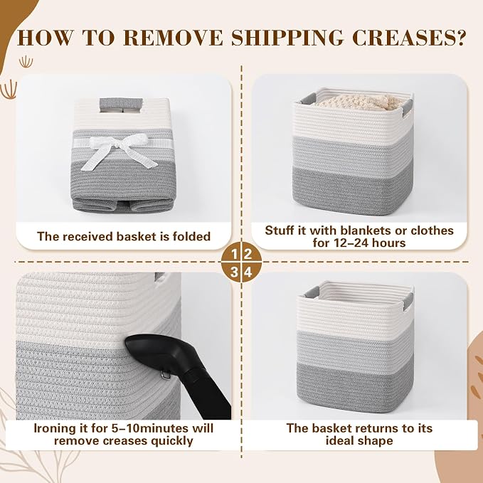 13 Inch Storage Cubes, 3 Pack Cube Storage Bins for Organizing, Cotton Rope Woven Baskets for Shelves, Bathroom, Kids Room, Closets, Baby Nursery