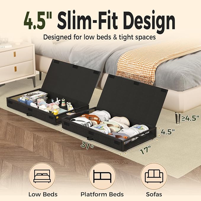 Fokyfok 2 Pack Under Bed Storage with Wheels 4.5 inch Height | Metal Frame,Lid,Rolling Slim Under Bed Drawers for Shoes,Clothes and Toys,Shallow Underbed Storage,Under Couch Storage,Black