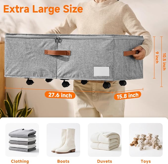 60L Large Under Bed Storage with Wheels Pack of 2, Underbed Shoe Container Bin with Clear Lid Cover, 10.5 Inches Rolling Under Bed Drawer Storage Bag Basket for Boots Quilt Sweater - Grey
