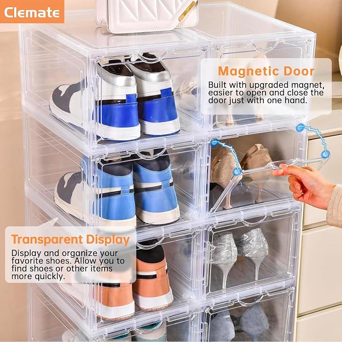 Clemate Upgraded X-Large Shoe Organizer,Shoe Storage Organizer,12 Pack,Shoe Box Clear Plastic Stackable,Drop Front Shoe Box with Clear Door, Shoe Containers For Sneaker Display,Fit up to US Size12