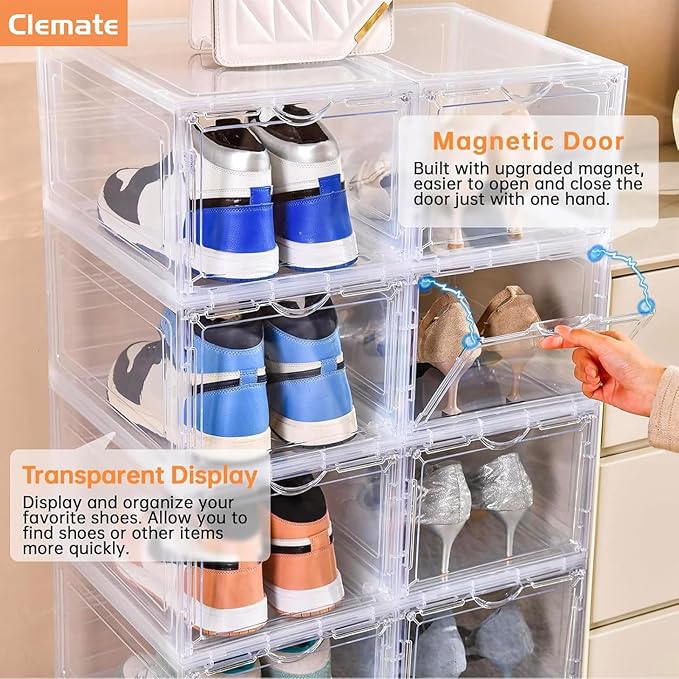 Clemate Upgraded X-Large Shoe Storage Box,8 Pack,Shoe Box Clear Plastic Stackable,Drop Front Shoe Box with Clear Door,Shoe Organizer and Shoe Containers For Sneaker Display,Fit up to US Size12
