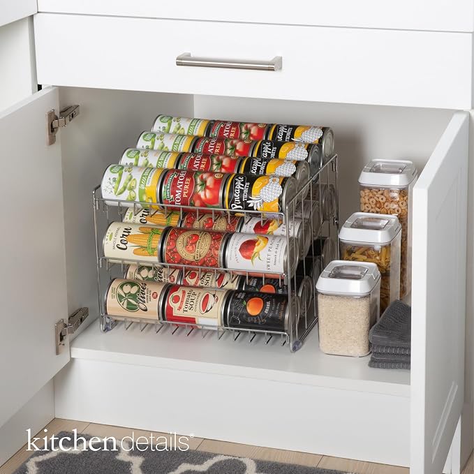 Kitchen Details 3 Tier Can Organizer, Chrome Steel Canned Food Storage Rack, Holds 36 Cans,Space-Saving Pantry & Cabinet Storage Solution | Easy Access to Canned Goods,Freestanding Design,(Pack of 12)