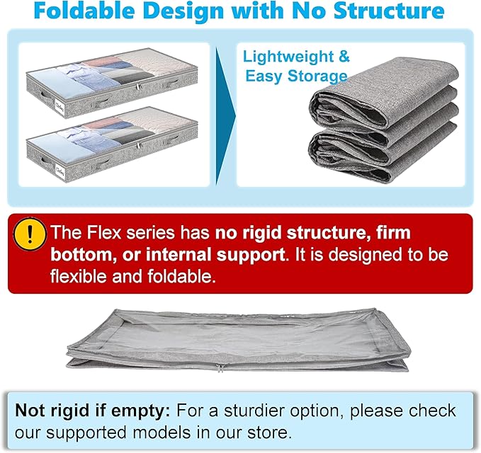 4 Inch Low Profile Under Bed Storage Drawer 2 Pack, Lightweight Underbed Clothes Storage Container Bins With NO STURCTURE, Shallow Storage Bag for Dorm & Home, With Clear Lids & Water-Resistant Fabric