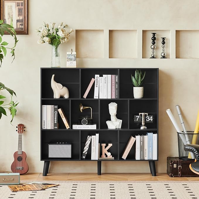 LEYAOYAO 8 Cube Bookshelf, Mid-Century Modern Book Shelf with Legs, Black | 3 Tier Bookcase, Rustic Wood Bookshelves Freestanding Large Storage Organizer, Open Shelves for Bedroom, Living Room, Office