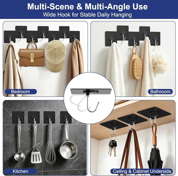 JINSHUNFA Adhesive Wall Hooks Heavy Duty No Drill Waterproof Hooks for Bathroom Kitchen Towel Coat 12 Pack Black