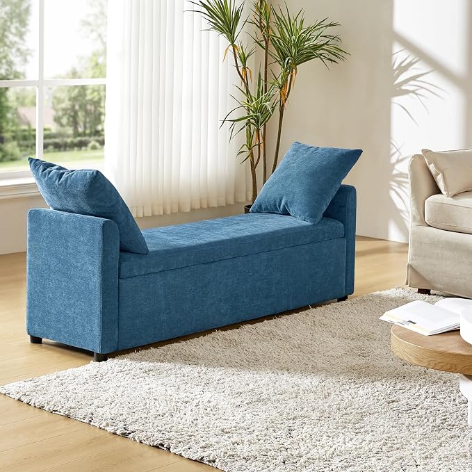 HULALA HOME 59" Storage Bench with 2 Throw Pillows & Armrests, Teal | Modern Long Bedroom Bench for End of Bed, Comfy Upholstered Fabric Footstool for Entryway Living Room