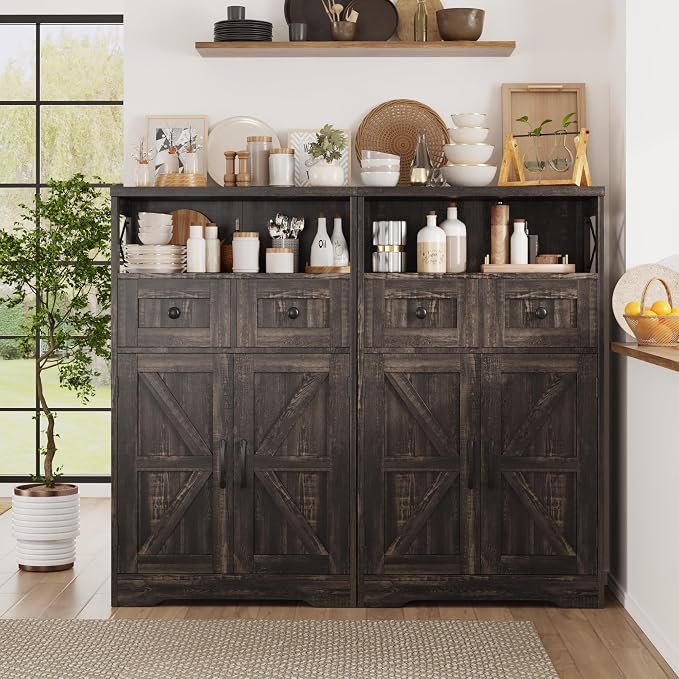Farmhouse Storage Cabinet Set of 2, Small Kitchen Pantry Coffee Bar Cabinet | Accent Buffet Cabinet Cupboard, 2 Drawers, Barn Doors & Adjustable Shelves, for Kitchen/Entryway/Bathroom, Dark Wood