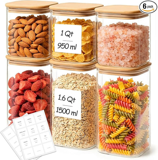 Glass Pantry Storage Containers with Lids 1/1.6 Qt 6 Pack Square | Pantry Organization, Stackable Design, Flour Sugar Coffee Beans Pasta Cereal Dry Food Storage,Kitchen Cabinet Organizer